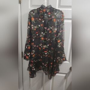 Black Sheer Floral Tunic Blouse